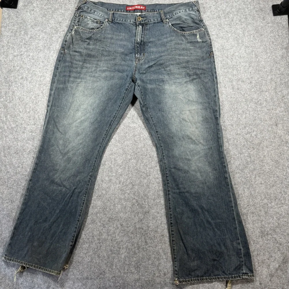 Unionbay Relaxed Bootcut Jeans 40x32 Blue Distressed Cotton Denim